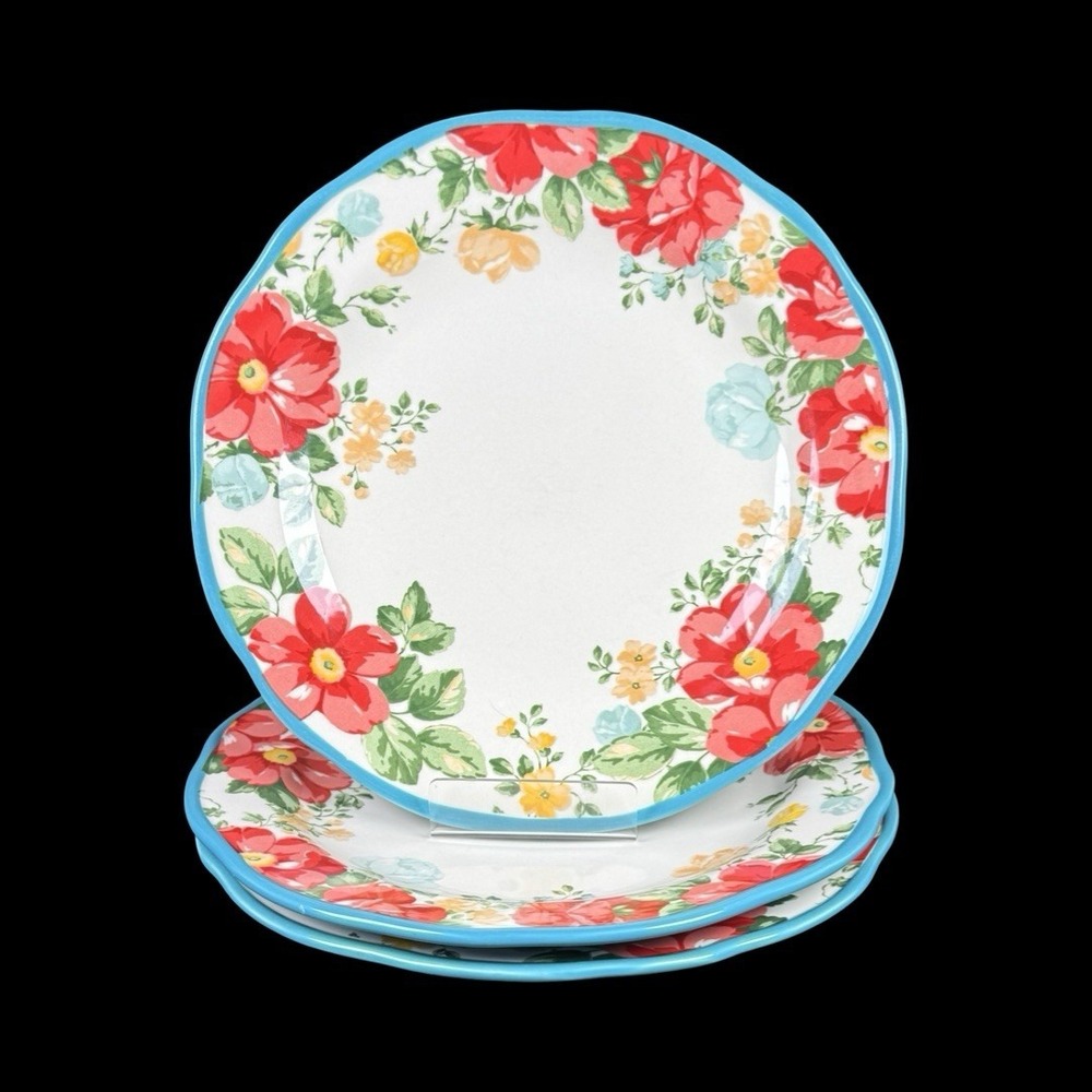 Pioneer Woman Floral 10.5" Stoneware Dinner Plates Blue Trim Lot of 3
